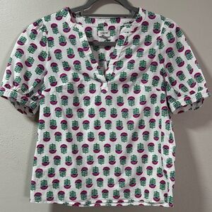J. Crew White Top with Green and Pink floral Pattern size XS short sleeve. 6124